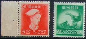 昔懐かしい切手 赤十字・共同募金 看護婦 ヤマガラ ２枚組1948.10.1.発行