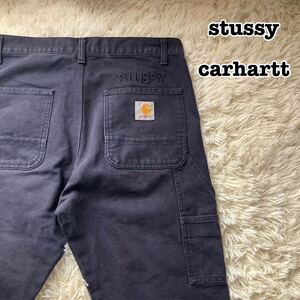 【超希少】stussy carhartt ワークパンツ カーハートステューシー　work pants ストックロゴ刺繍　