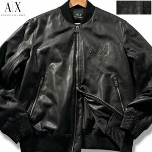 未使用級/XLサイズ位●アルマーニ エクスチェンジ エコレザー MA-1 ジャケット ブルゾン ARMANI EXCHANGE ダブルジップ 革 3D エンボスロゴ