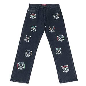 【新品】Supreme シュプリーム【Clayton Patterson Skulls Embroidered Regular Jean】スカル 刺繍 デニムパンツ32inchブラック