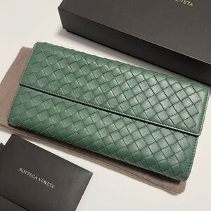 ★美品 BOTTEGA VENETA ボッテガ イントレチャート Wホック 長財布 レザー グリーン【鑑定済み 本物保証】