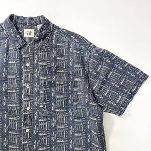 90s 00s GAP ギャップ デカタグ 総柄 リネン コットン オープンカラー 半袖シャツ ビンテージ アメリカ製 usa old L アロハ マリン 80s