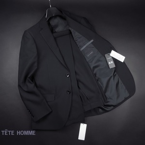 新品 ★ TETE HOMME テットオム 4WAY ストレッチ スーツ ウォッシャブル セットアップ 3201 911 黒 無地 【L】