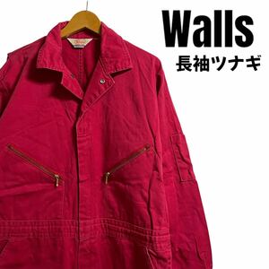 Walls ウォールズ 長袖ツナギ つなぎ オールインワン 作業服 ワーキングウェア 襟付き 無地 ポケット レッド