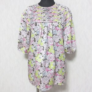 美品 Drawer ドゥロワー コットンシルクプリントタックブラウス 6521-299-0940 36 ピンク ◆