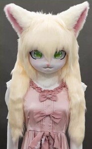 着ぐるみヘッド 猫 クリーム 全頭ヘッド ケモノ マスク ファースーツ ぬいぐるみ コスプレ コスチューム