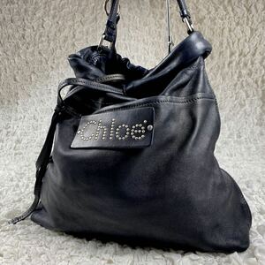 【Chloe/クロエ】レザー ワンショルダーバッグ ダークネイビー ハンドバッグ 肩掛け スタッズ ビッグロゴ オールレザー 大容量 ブラック系