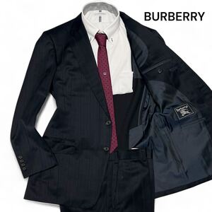 美麗品◎Mサイズ位 バーバリー【高級感溢れる逸品】BURBERRY ストライプ セットアップ スーツ ダークネイビー ウール 2B 光沢感◎メンズ