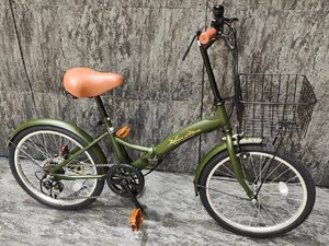 【訳ありアウトレット品】フロントバスケット付き20インチ折り畳み自転車Shimano外装6段変速機　カーキ【SK06959】