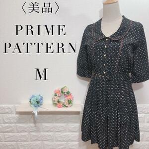 【美品】PRIMEPATTERN プライムパターン ベルト付きプリーツワンピ フリル ドット 黒 Ｍ レディース フェミニン パールボタン