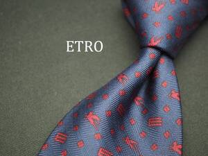 美品【ETRO エトロ】 C1618 ネイビー ロゴ SILK ブランド ネクタイ 古着 良品