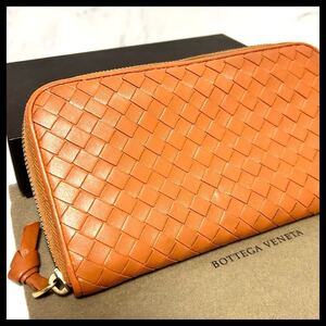 ★【極美品！鑑定済み！】BOTTEGA VENETA ボッテガヴェネタ イントレチャート 長財布 ラウンドファスナー　オレンジ 定価7.8万 462