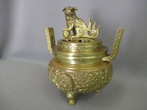 【銅製　特大丸型・香炉】時代物仏教美術　浄土真宗　本願寺・寺院仏具・三具足五具足の内　高・18cm　重量級・2.7Kg