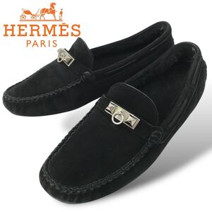 t53 HERMES エルメス メドール モカシン ドライビングシューズ レザー ローファー スリッポン ムートンボア BLACK 38 イタリア製 正規品