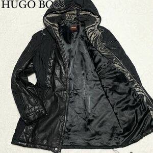 【天下一品】ヒューゴボス HUGO BOSS 【抜群のオシャレ】 異素材切り替え フード付き レザー コート 羊革 ラムレザー メンズ サイズL相当