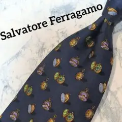 ✺Salvatore Ferragamo✺ネクタイ　小紋柄　懐中時計　ネイビー