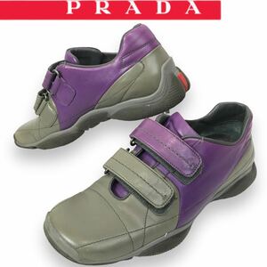 k241 PRADA プラダ スポーツ ベルクロ スニーカー レザー シューズ グレー パープル 37 レディース 正規品 革靴 ヴィンテージ 