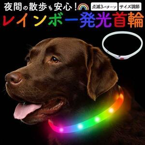 光る首輪 犬 首輪 光る 散歩 レインボー ペット ドッグ 韓国 かわいい　サイズ調整　夜間　安全　充電式　充電　小型犬　中型犬　大型犬