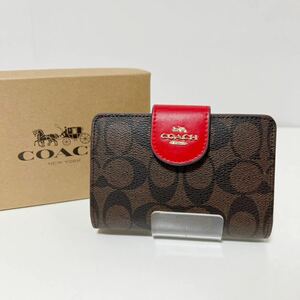 COACH コーチ 二つ折り財布 C0082 シグネチャー ブラウン/レッド 美品