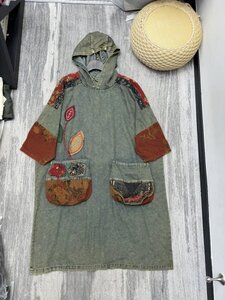 hl ワンピース 手刺 貼り付け柄 刺し子 洋服ミックス ロマンファッション デニム生地 アンティーク風 ロマンファッション 綿100％