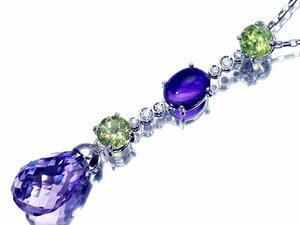 【ジュエリー極】輝くスウィング！アメジスト＆ペリドット＆ダイヤモンド0.08ct 高級K18WGペンダントネックレス a792uv【送料無料】