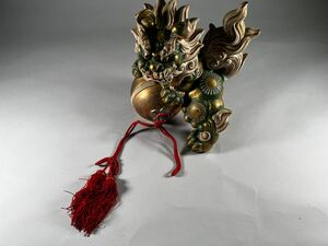 九谷 大型唐獅子八幡窯清仙作、重4.4kg、共箱保存良、経年保管品、昭和50年箱書、色絵染付金襴手美術品 縁起物 置物