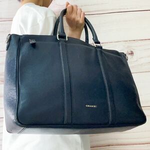 美品 大容量 COACH コーチ メトロポリタン ビジネスバッグ トートバッグ 肩がけ メンズ レザー 本革 ネイビー ブルー A4 PC収納 通勤 通学