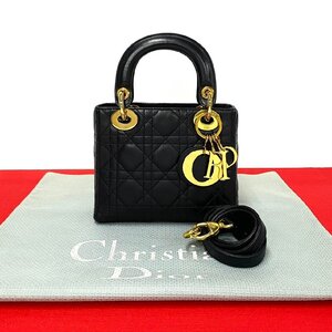 極 美品 Christian Dior クリスチャン ディオール レディディオール カナージュ ステッチ レザー本革 ショルダーバッグ ブラック e44-8