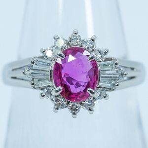 ★1円スタ!鑑定付【0.74ct&D0.31ct】PT850 4.2g ♯11 プラチナ 大粒天然ルビー ダイヤモンドリング Ruby Diamond Ring 指輪 仕上げ済