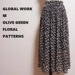 グローバルワーク　花柄 フレアスカート　Mサイズ　オリーブグリーン