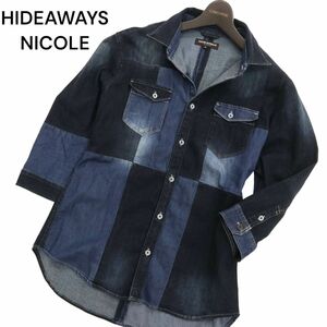 HIDEAWAYS NICOLE ハイダウェイ ニコル 春夏 ７分袖 USED加工★ パッチワーク デニム ワーク シャツ Sz.46　メンズ　C4T01469_2#A