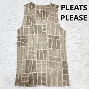 【美品・4号】プリーツプリーズ イッセイミヤケ カットソー L ノースリーブ タンクトップ 伸縮性 PLEATS PLEASE 総柄 日本製 カーキ