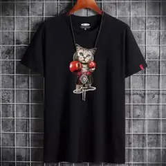 ❤️面白い ユニセックスおもしろ 動物Tシャツボクシング黒猫サイズL❤️❤️