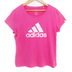 アディダス adidas Tシャツ カットソー 半袖 Uネック ロゴプリント OT XL ピンク 白 ホワイト /FF35 レディース