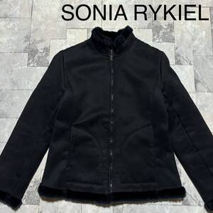 SONIA RYKIEL ソニアリキエル ムートンジャケット フェイクファー ボアジャケット ジップアップ ブラック レディース サイズ40(L)玉FS1352