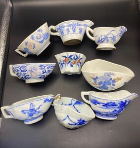 煎茶碗 名工 湯冷まし 9客 茶器 茶道具 煎茶道具 色絵 染付 在銘 急須 青華 清水六兵衛 清風与平 和気亀亭 川本半助 時代物 骨董 古美術 