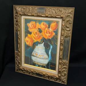 BKg165R 100 絵画 宇佐川良 作【バラ】植物 薔薇 静物画 油絵 油彩 額装 付 Usagawa Ryo