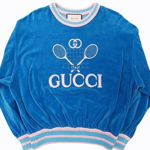 グッチ GUCCI TENNIS LOGO MOTIF EMBROID テニスロゴ 刺繍 ベロア トレーナー スウェット 切替 リブ 長袖 青 ブルー ピンク 581085 XS 1205