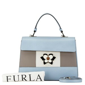 フルラ ムゲット フラワー モチーフ ハンドバッグ ショルダーバッグ 2WAY ライトブルー ホワイト レザー レディース Furla 【中古】