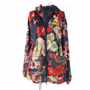 極美品☆GUCCI グッチ 528184 ブーケ 花柄デザイン ビジュー付 ZIP UP ナイロンジャケット ネイビー マルチカラー 38 正規品 レディース