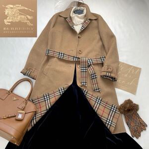 ◆大きいサイズ◆新品◆バーバリー◆BURBERRY 40/11号/L カシミヤウールリバー仕立てメガチェックコンビベルテッドロングコート ギフトにも