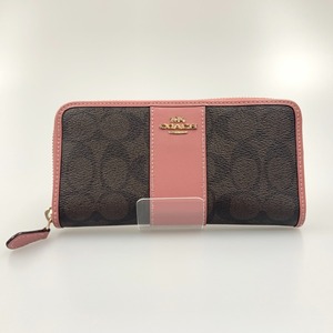 〇〇 COACH コーチ シグネチャー ラウンドファスナー長財布 F54630 ブラウン x ピンク やや傷や汚れあり