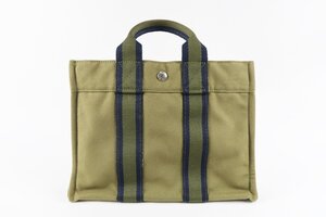 【超美品】HERMES エルメス フールトゥPM ハンド トートバッグ キャンバス カーキ系 ブランド鞄【QC84】