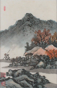 山水画,墨彩画,額装,額付,現代李朝民画　彩色山水