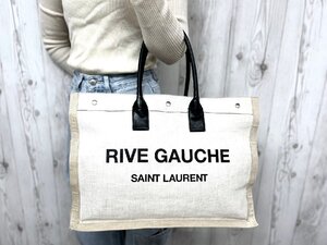 極美品 YSL SAINT LAURENT PARIS サンローラン パリ リヴゴーシュ トートバッグ ハンド バッグ レザー ナチュラル×黒 A4可 メンズ 77304Y