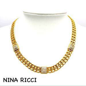 NINA RICCI｜ニナリッチ ネックレス【アクティ】ラインストーン ダブルチェーン ゴールドカラー ヴィンテージ アクセサリー ac1092