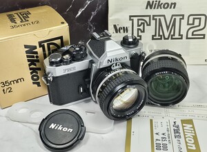 【終活ほぼ未使用】Nikon NEW FM2＋Ai NIKKOR 35mm f2 元箱付＋50mm f1.4 大口径単焦点2本セット 各動作良好 露出計OK シャッター快調 