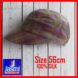 jasmi silk ライトブラウン基調 チェック柄 ツバ大きめ ワークキャップ 56cm 日除け帽子 シルク 絹 100% 帽子④