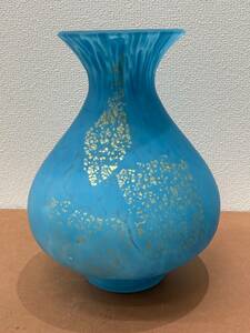【♯5522】金彩　青色　花瓶　岩田ガラス　岩田久利作　池坊　高さ26cm×幅19㎝(最大)　口径12㎝　