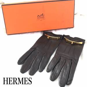 ★ HERMES エルメス ケリー ゴールド ダークブラウン レザー 革 手袋 グローブ サイズ 6 ★ 